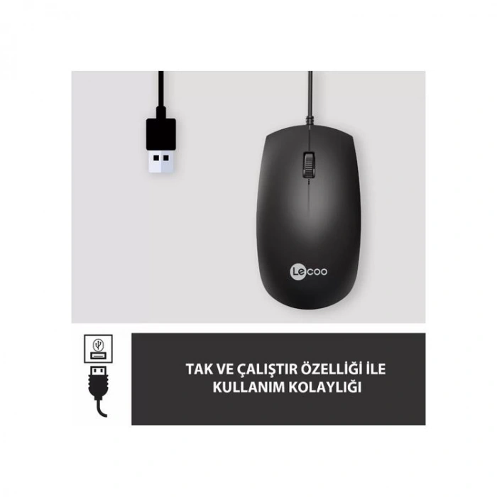 LENOVO LECOO MS100 1000 DPI 3 TUŞLU USB KABLOLU SİYAH KABLOLU MOUSE