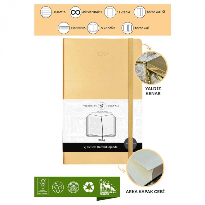 VICTORIAS JOURNALS 9161 13x21cm ESNEK KAPAK LASTİKLİ CEPLİ DE LUXE HAFTALIK AJANDA - KENARI YALDIZLI ALTIN