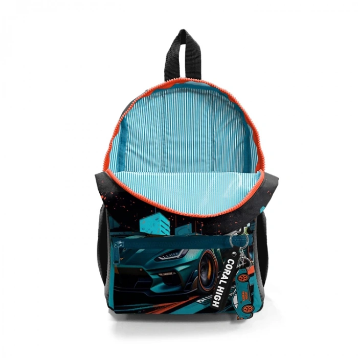 CORAL HIGH 23565 KIDS SİYAH NEFTİ YARIŞ ARABASI DESENLİ İKİ BÖLMELİ MİNİK YUVA SIRT ÇANTASI