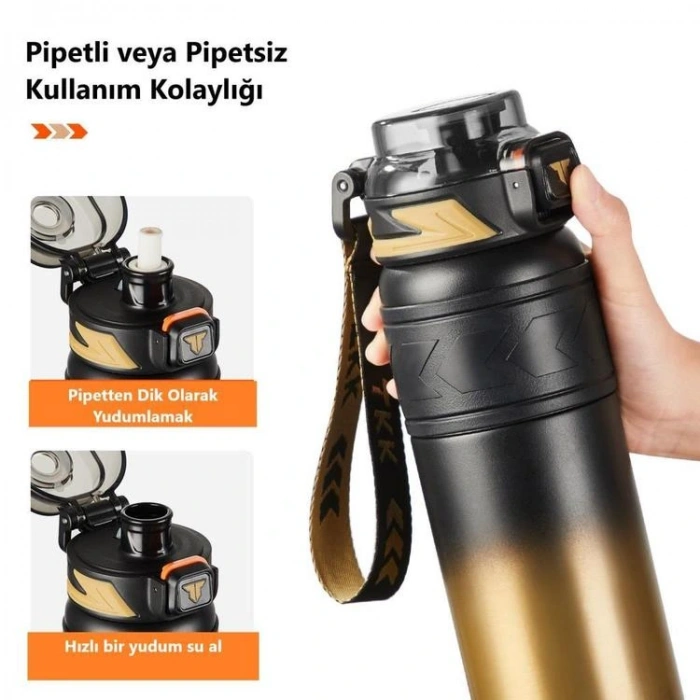 VAGONLİFE T2025 TKK PİPETLİ / PİPETSİZ KULLANIM ÇELİK TERMOS 900ML ALTIN (GOLDEN)