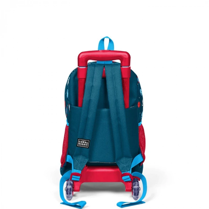 CORAL HIGH 23136 KİDS ÇİVİT KIRMIZI UZAY DESENLİ ÜÇ BÖLMELİ IŞIKLI TEKERLEKLİ ÇEKÇEKLİ OKUL SIRT ÇANTASI