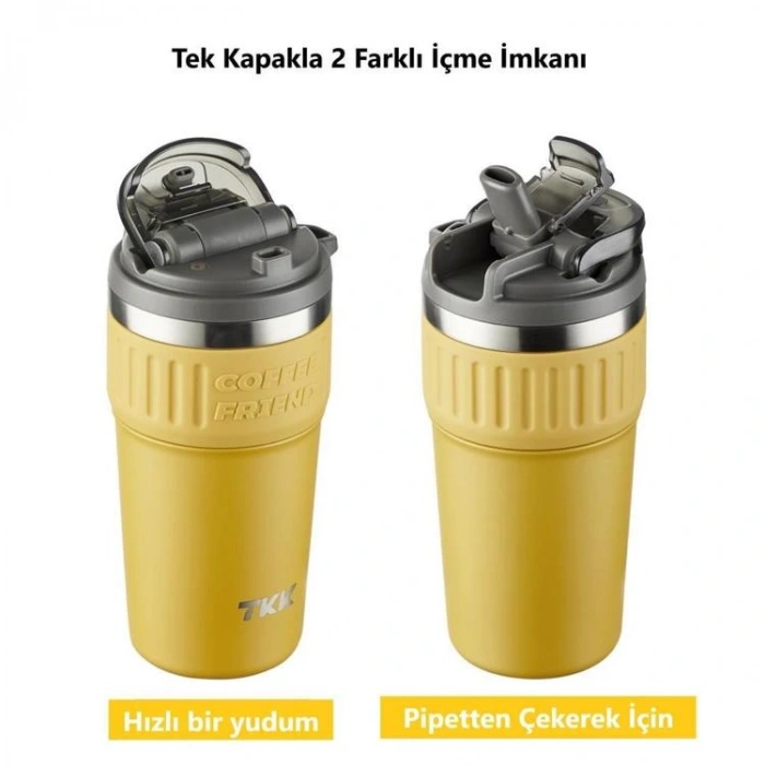 VAGONLİFE  T2023 TKK PİPETLİ KULLANIM ASKILI ÇELİK TERMOS MUG 630 ML TUNGSTEN STEEL SARI