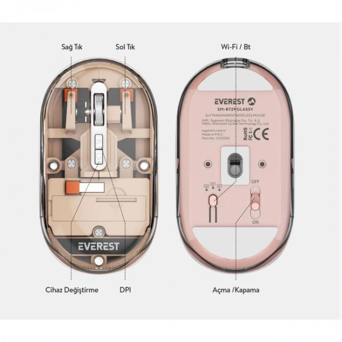 EVEREST SM-BT29 GLASSY USB ROSE GOLD TRANSPARAN BLUETOOTH VE 2.4GHZ KABLOSUZ MOUSE