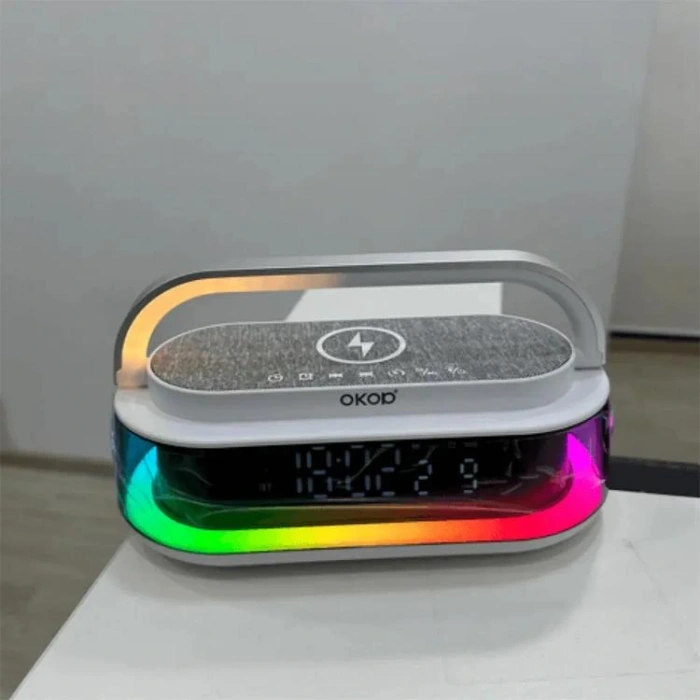 FANIX KP-575 OKOP RGB LIGHT WIRELESS SPEAKER SAAT-ŞARJ İSTASYONU MASAÜSTÜ HOPARLÖR YATAY GÜMÜŞ