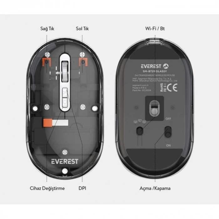 EVEREST SM-BT29 GLASSY USB SİYAH TRANSPARAN BLUETOOTH VE 2.4GHZ KABLOSUZ MOUSE