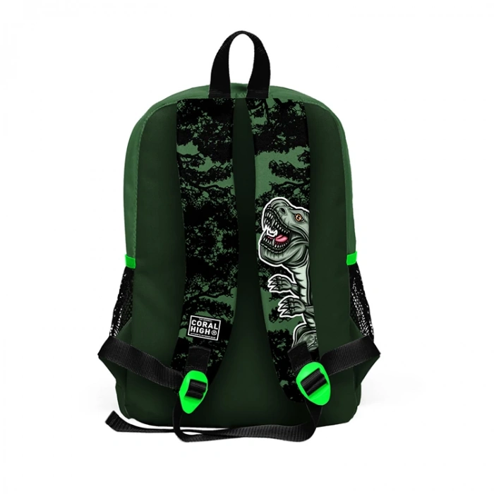 CORAL HIGH 23725 KOYU YEŞİL SİYAH DİNAZOR DESENLİ DÖRT BÖLMELİ SIRT ÇANTASI KOYU YEŞİL