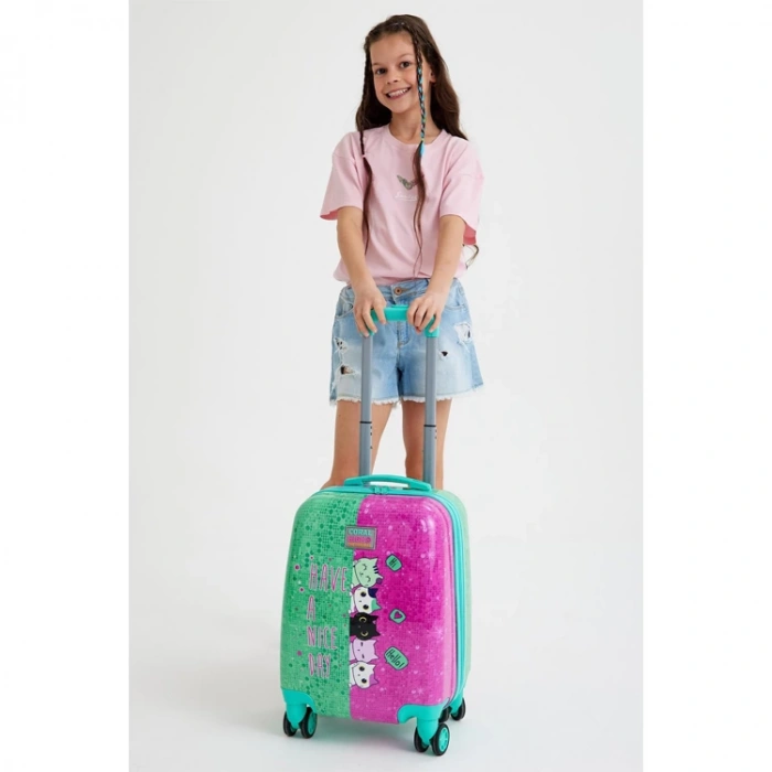 CORAL HIGH 16725 MİNİ PEMBE SU YEŞİLİ KEDİ DESENLİ VALİZ