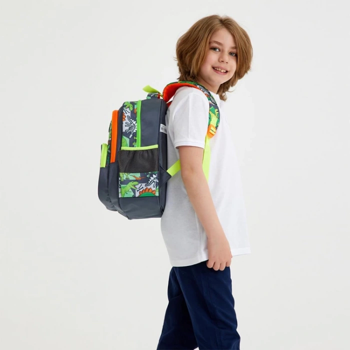 CORAL HIGH 14419 KIDS GRİ YEŞİL DİNOZOR DESENLİ ÜÇ BÖLMELİ SIRT ÇANTASI