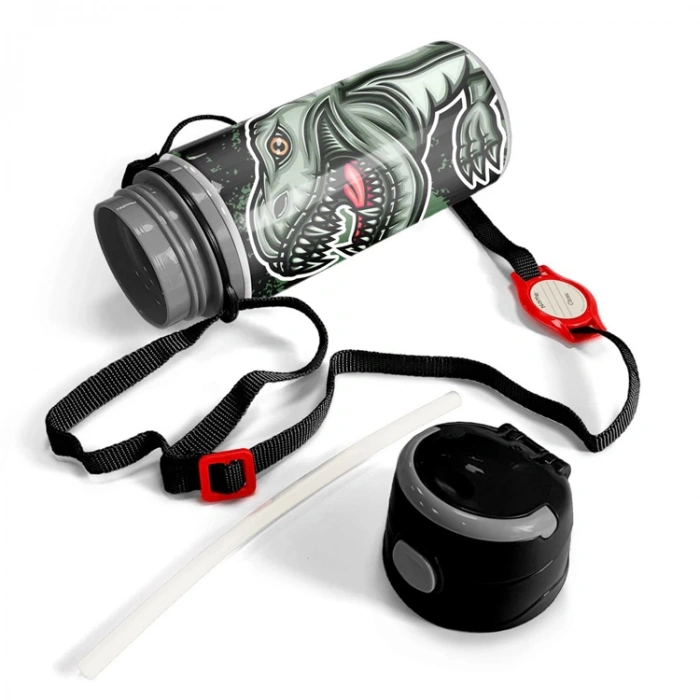 CORAL HIGH 11939 KOYU YEŞİL SİYAH DİNAZOR DESENLİ PİPETLİ MATARA 600ml.