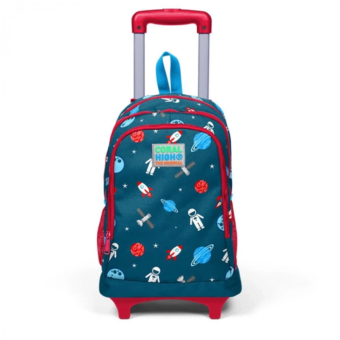 CORAL HIGH 23136 KİDS ÇİVİT KIRMIZI UZAY DESENLİ ÜÇ BÖLMELİ IŞIKLI TEKERLEKLİ ÇEKÇEKLİ OKUL SIRT ÇANTASI