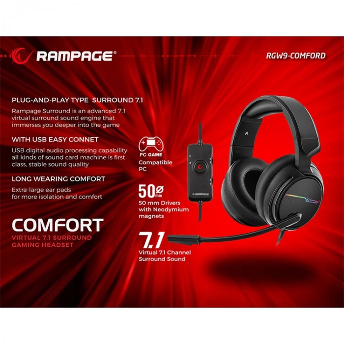 RAMPAGE RGW9 COMFORT USB 7.1  2.2 MT KABLO SURROUND SOUND OYUNCU MİKROFONLU KULAKLIK SİYAH