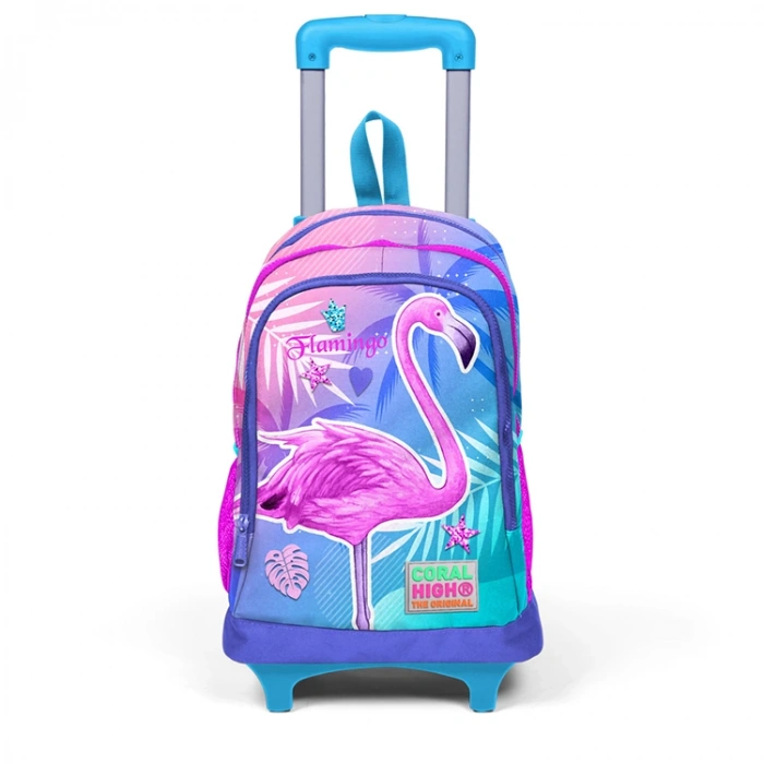 CORAL HIGH 23905 KİDS LAVANTA PEMBE FLAMİNGO DESENLİ ÜÇ BÖLMELİ IŞIKII TEKERLEKLİ ÇEKÇEKLİ OKUL SIRT ÇANTASI