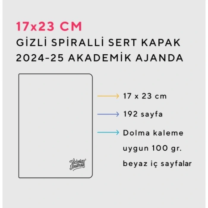 VICTORIAS JOURNALS 1266 GİZLİ SPİRALLİ 17x23  LASTİKLİ SERT KAPAK 2024-2025  AKADEMİK AJANDA