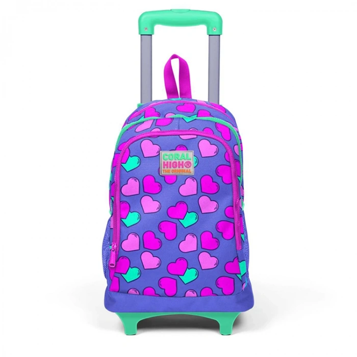 CORAL HIGH 23359 KİDS LAVANTA PEMBE KALP DESENLİ ÜÇ BÖLMELİ IŞIKLI TEKERLEKLİ ÇEKÇEKLİ OKUL SIRT ÇANTASI