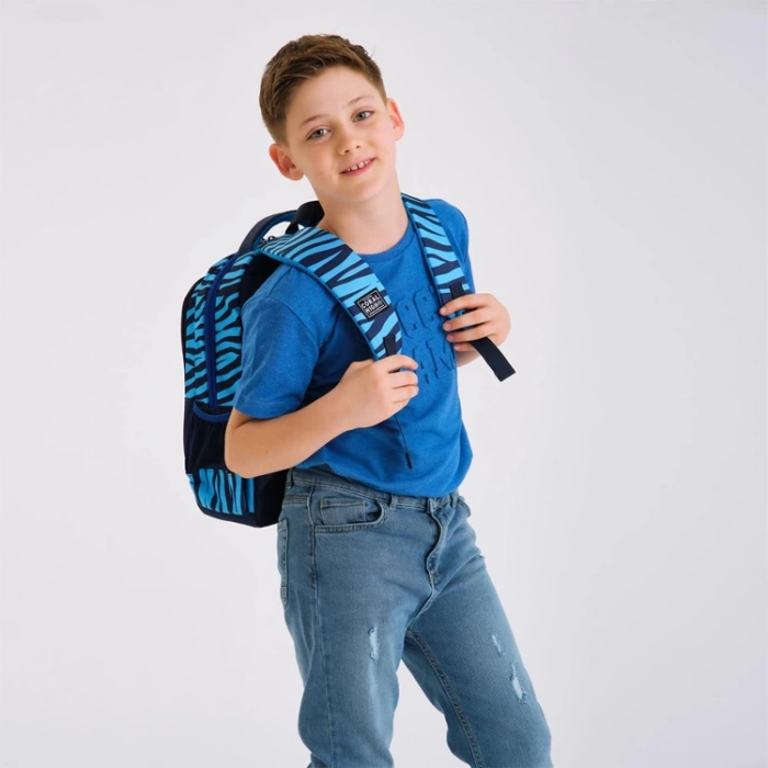 CORAL HIGH 23483 KİDS LACİVERT MAVİ KAPLAN DESENLİ ÜÇ BÖLMELİ SIRT ÇANTASI