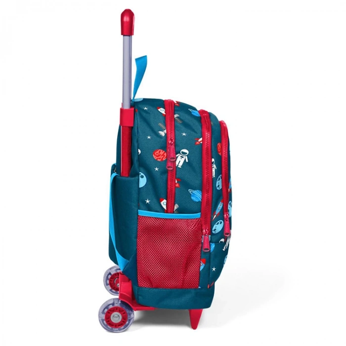 CORAL HIGH 23136 KİDS ÇİVİT KIRMIZI UZAY DESENLİ ÜÇ BÖLMELİ IŞIKLI TEKERLEKLİ ÇEKÇEKLİ OKUL SIRT ÇANTASI