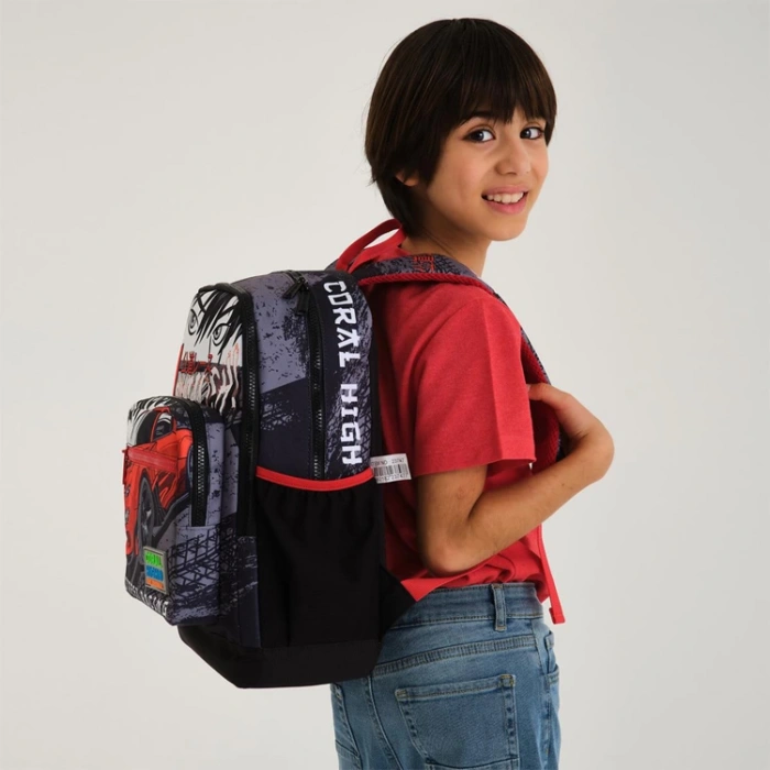 CORAL HIGH 23747 KİDS SİYAH KIRMIZI ANİME ARABA DESENLİ DÖRT BÖLMELİ SIRT ÇANTASI