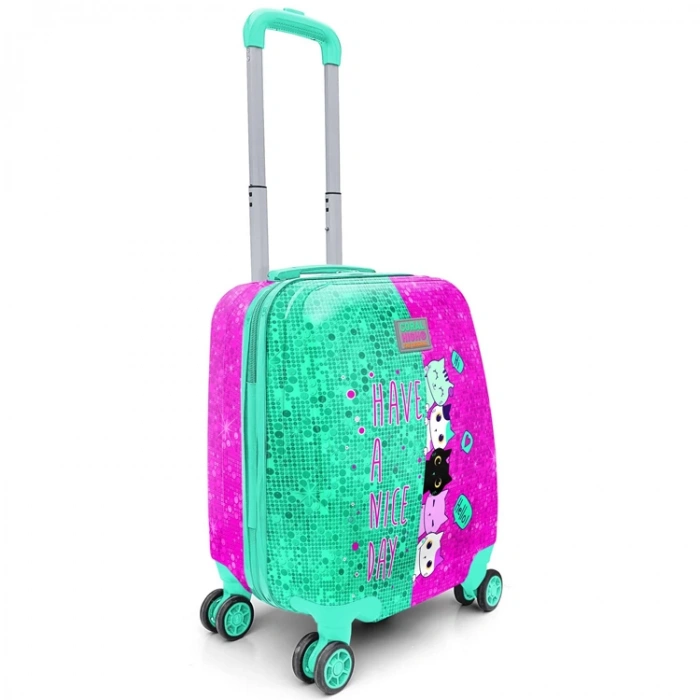 CORAL HIGH 16725 MİNİ PEMBE SU YEŞİLİ KEDİ DESENLİ VALİZ