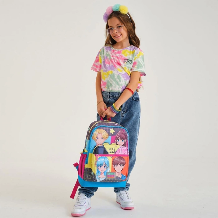 CORAL HIGH 23737 KİDS GRİ MAVİ PEMBE ANİME DESENLİ DÖRT BÖLMELİ SIRT ÇANTASI