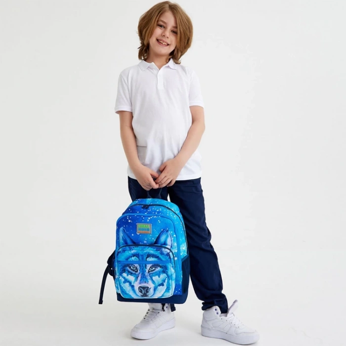 CORAL HIGH 23743 KİDS LACİVERT MAVİ KURT DESENLİ DÖRT BÖLMELİ SIRT ÇANTASI