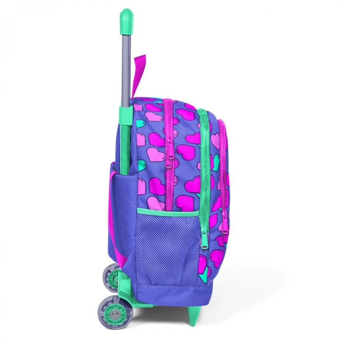 CORAL HIGH 23359 KİDS LAVANTA PEMBE KALP DESENLİ ÜÇ BÖLMELİ IŞIKLI TEKERLEKLİ ÇEKÇEKLİ OKUL SIRT ÇANTASI