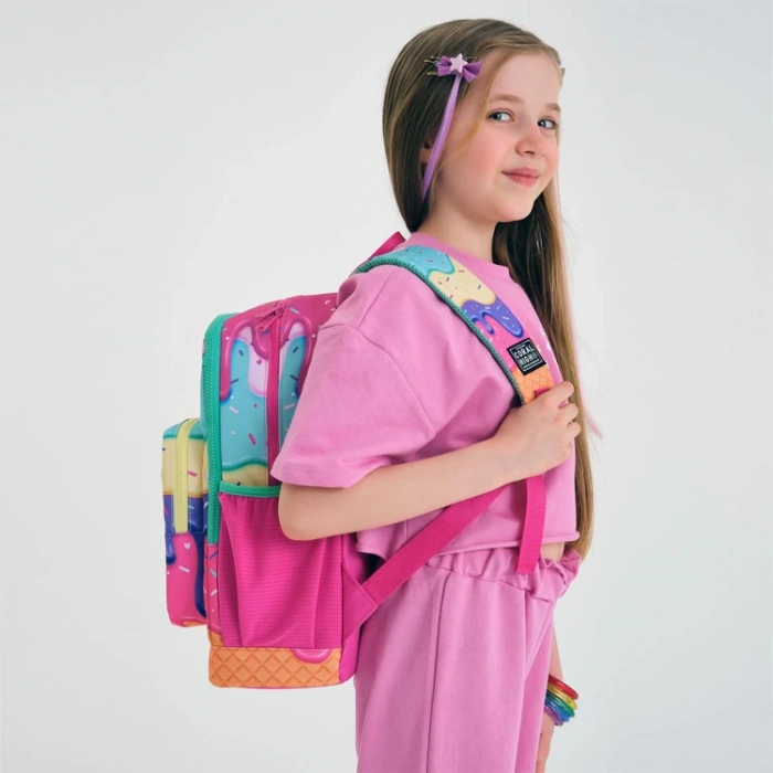 CORAL HIGH 23731 KİDS PEMBE RENGARENK DONDURMA DESENLİ DÖRT BÖLMELİ SIRT ÇANTASI