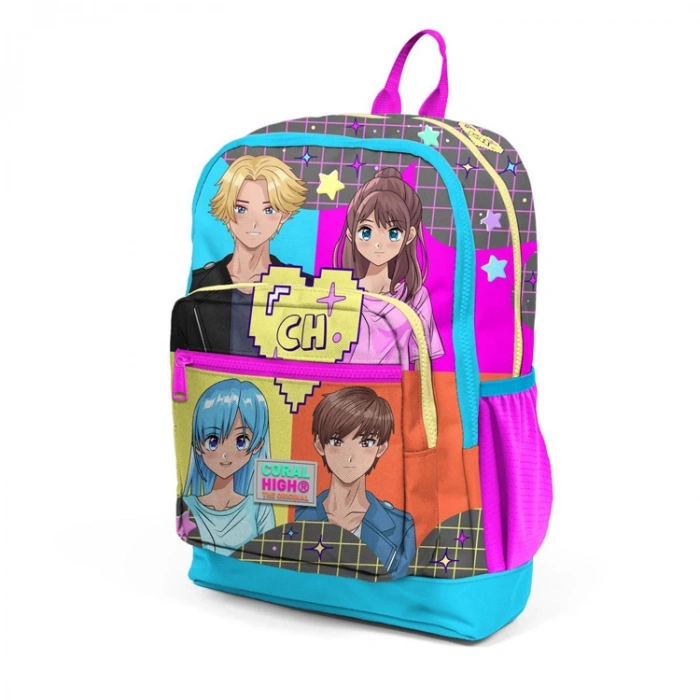 CORAL HIGH 23737 KİDS GRİ MAVİ PEMBE ANİME DESENLİ DÖRT BÖLMELİ SIRT ÇANTASI