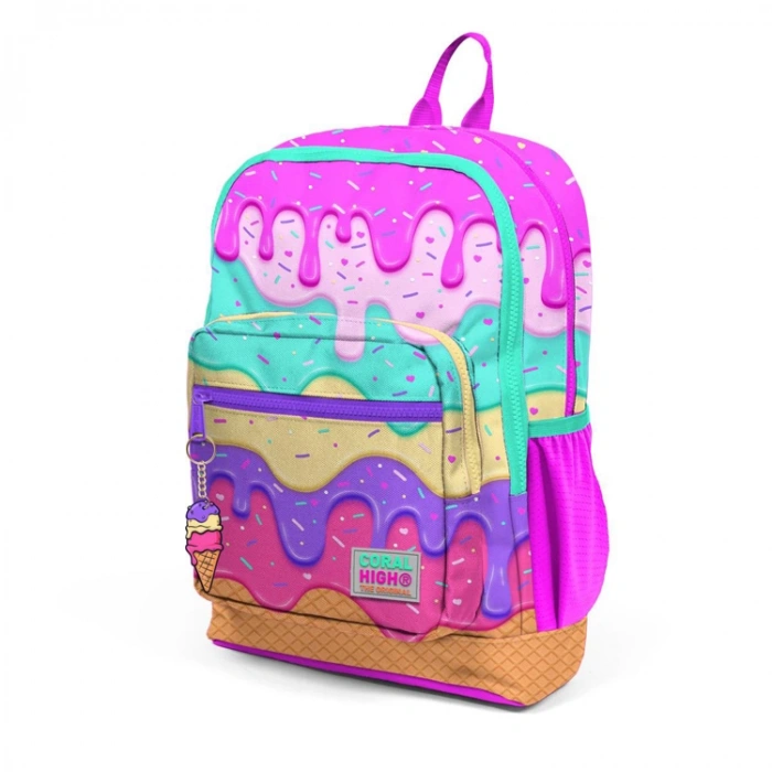CORAL HIGH 23731 KİDS PEMBE RENGARENK DONDURMA DESENLİ DÖRT BÖLMELİ SIRT ÇANTASI