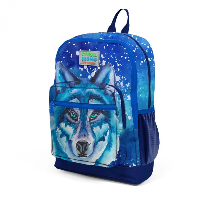 CORAL HIGH 23743 KİDS LACİVERT MAVİ KURT DESENLİ DÖRT BÖLMELİ SIRT ÇANTASI