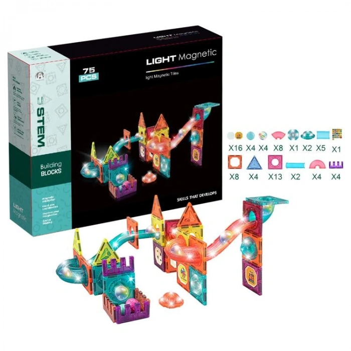 BAŞEL CH1172 LIGHT MAGNETIC TILES KUTULU IŞIKLI MANYETİK YAPI BLOKLARI 75 PARÇA 3+
