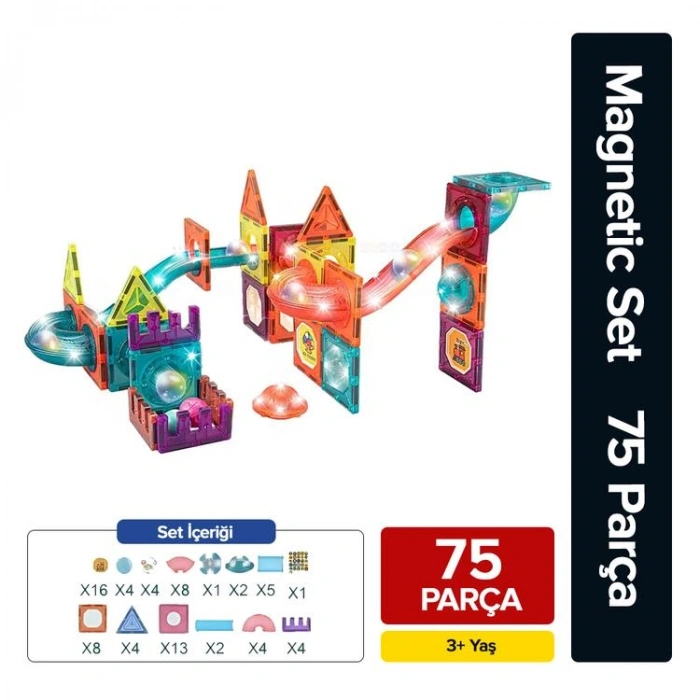 BAŞEL CH1172 LIGHT MAGNETIC TILES KUTULU IŞIKLI MANYETİK YAPI BLOKLARI 75 PARÇA 3+