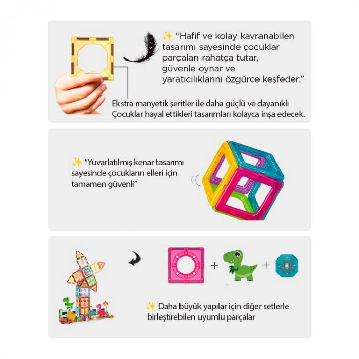 BAŞEL CH1172 LIGHT MAGNETIC TILES KUTULU IŞIKLI MANYETİK YAPI BLOKLARI 75 PARÇA 3+