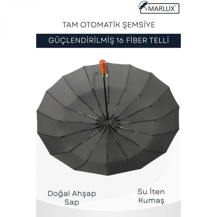 MARLUX MPR-1007M 16 TELLİ RÜZGAR KORUMALI TAM OTOMATİK ŞEMSİYE SİYAH