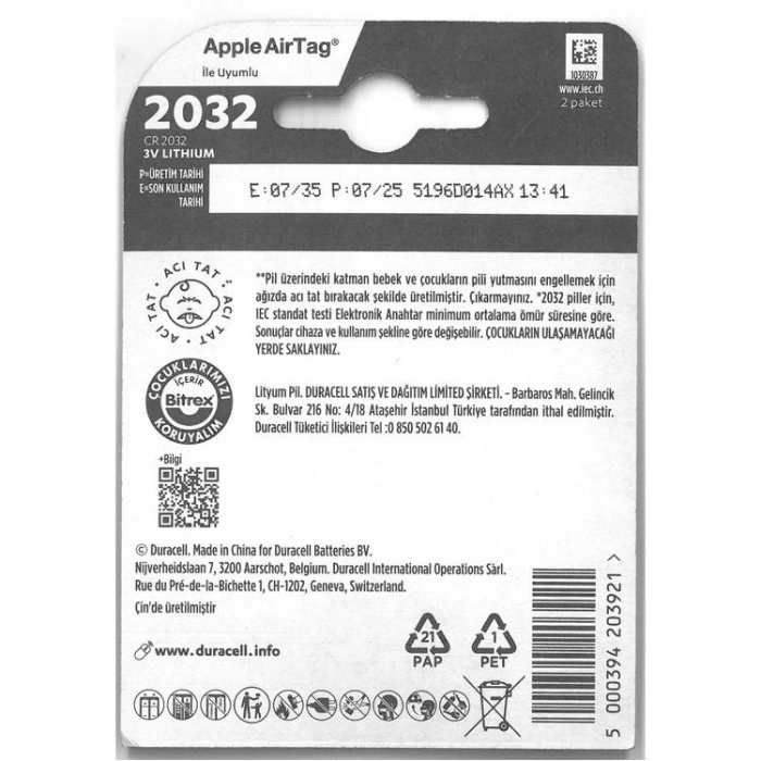 DURACELL CR2032 3V LİTYUM DÜĞME PİL 2Lİ TEK PAKET