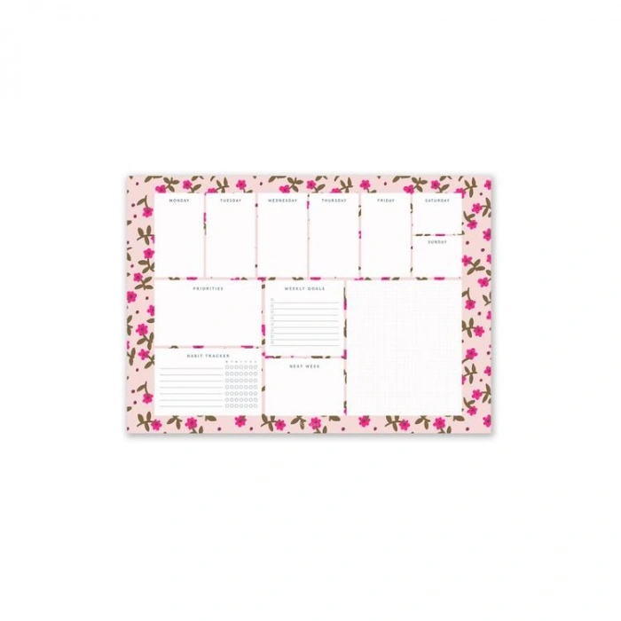 DEFFTER FABOOKS MASA ÜSTÜ HAFTALIK PLANLAYICI A4 BLOKNOT PEMBE ÇİÇEKLİ - TEKLİ