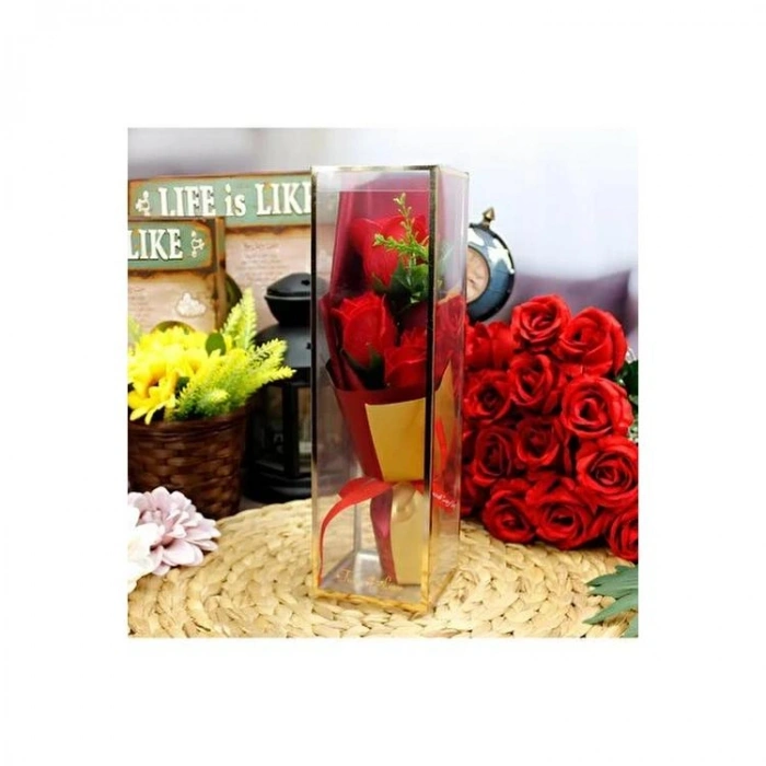 YLZ XC-50 KUTULU KIRMIZI GÜL BUKETİ 3 GÜL YAPAY ÇİÇEK