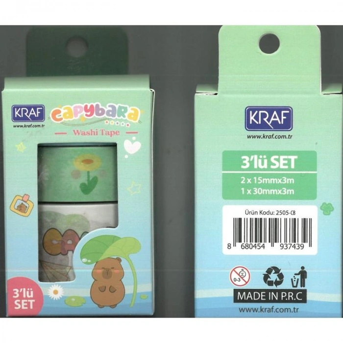 KRAF 2505-CB WASHI TAPE CAPYBARA 3 LÜ TEK SET KUTULU DESENLİ BANT  (15mmx3m 2Ad + 30mmx3m 1 Ad)