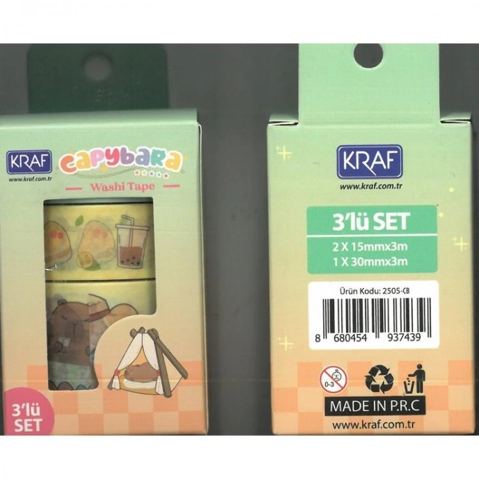 KRAF 2505-CB WASHI TAPE CAPYBARA 3 LÜ TEK SET KUTULU DESENLİ BANT  (15mmx3m 2Ad + 30mmx3m 1 Ad)