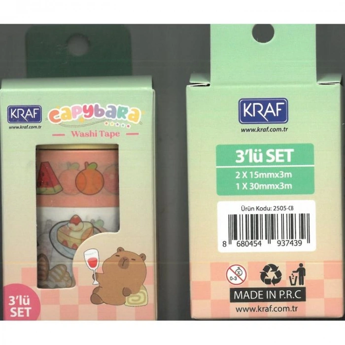 KRAF 2505-CB WASHI TAPE CAPYBARA 3 LÜ TEK SET KUTULU DESENLİ BANT  (15mmx3m 2Ad + 30mmx3m 1 Ad)