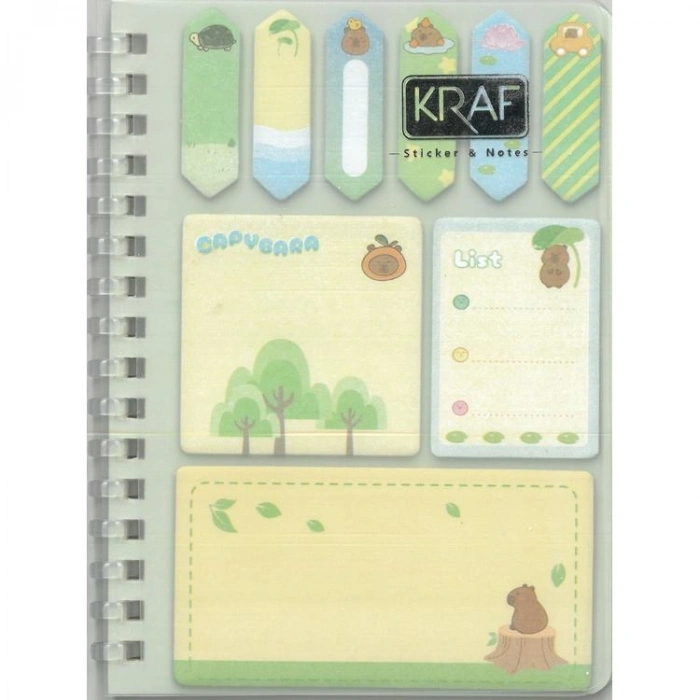 KRAF 2220-CB CAPYBARA 14.5 x 10.5 cm SPİRALLİ BLOKNOT ÇİZGİLİ + YAPIŞKANLI NOT KAĞIDI 1 SET