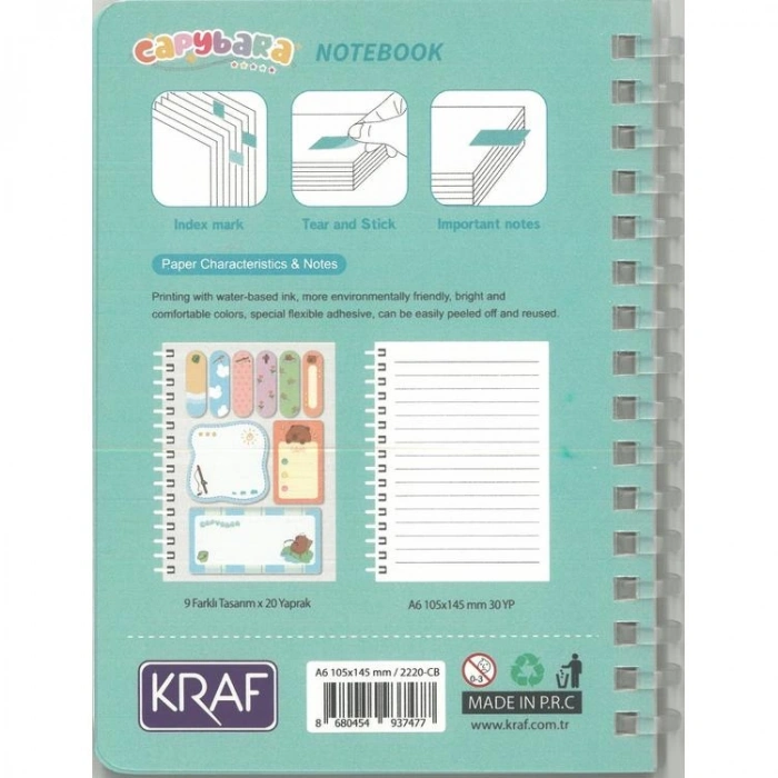 KRAF 2220-CB CAPYBARA 14.5 x 10.5 cm SPİRALLİ BLOKNOT ÇİZGİLİ + YAPIŞKANLI NOT KAĞIDI 1 SET