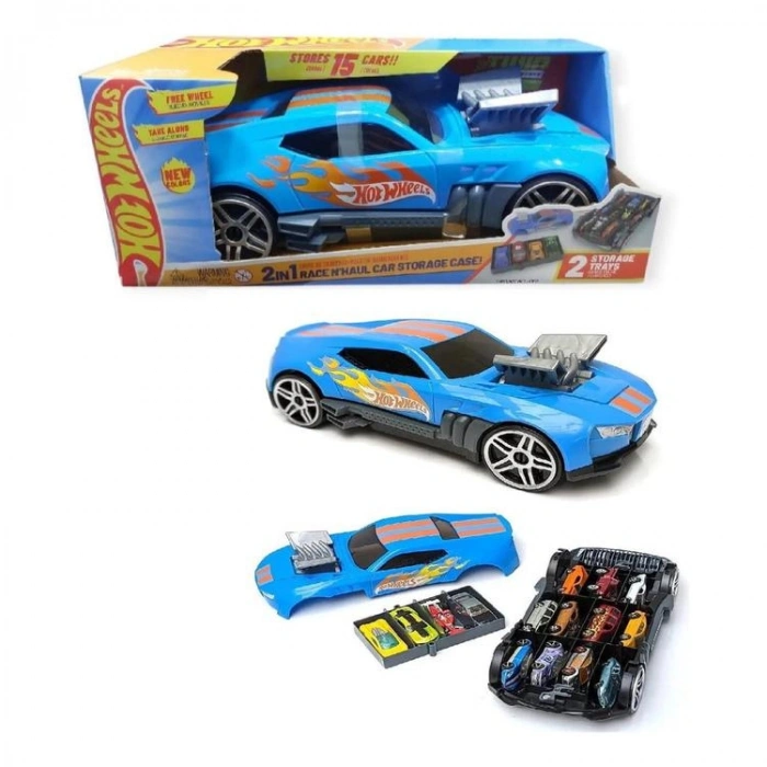 MATTEL HWCC15 HOT WHEELS 15 ARAÇ KAPASİTELİ YARIŞ ARABA MODELİ 2İN1 MAVİ TAŞIMA VE SAKLAMA ÇANTASI +3