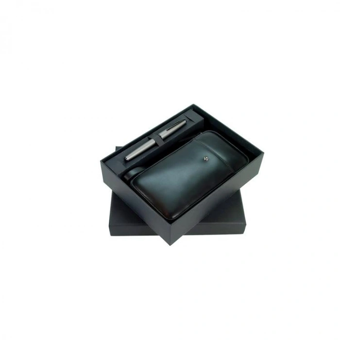 SCRIKSS DR 2010-S1 HAKİKİ DERİ EL ÇANTASI SİYAH & 78MG ROLLER KALEM MAT GRİ SET