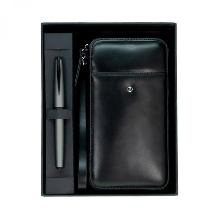 SCRIKSS DR 2010-S1 HAKİKİ DERİ EL ÇANTASI SİYAH & 78MG ROLLER KALEM MAT GRİ SET