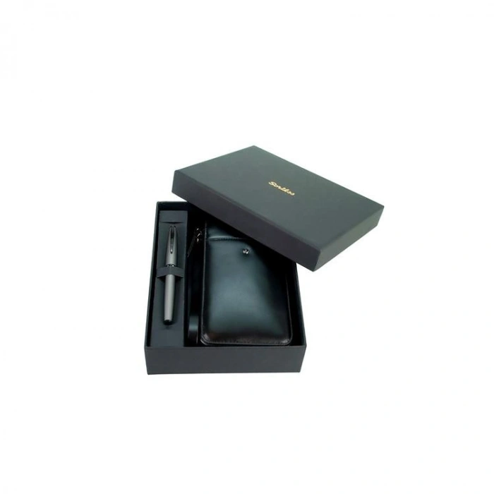 SCRIKSS DR 2010-S1 HAKİKİ DERİ EL ÇANTASI SİYAH & 78MG ROLLER KALEM MAT GRİ SET