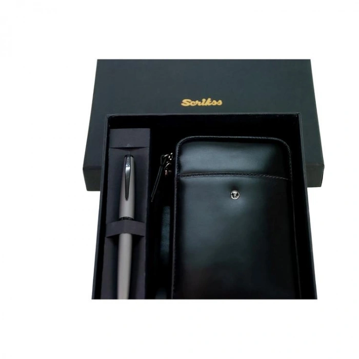 SCRIKSS DR 2010-S1 HAKİKİ DERİ EL ÇANTASI SİYAH & 78MG ROLLER KALEM MAT GRİ SET