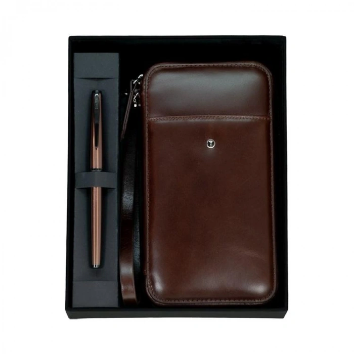 SCRIKSS DR 2010-S2 HAKİKİ DERİ EL ÇANTASI KAHVE & 78MR ROLLER KALEM ROSE SET