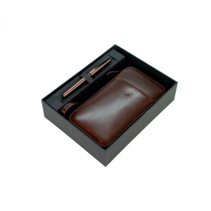 SCRIKSS DR 2010-S2 HAKİKİ DERİ EL ÇANTASI KAHVE & 78MR ROLLER KALEM ROSE SET