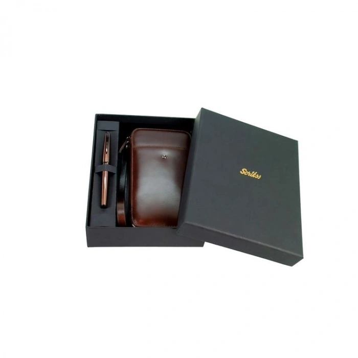 SCRIKSS DR 2010-S2 HAKİKİ DERİ EL ÇANTASI KAHVE & 78MR ROLLER KALEM ROSE SET