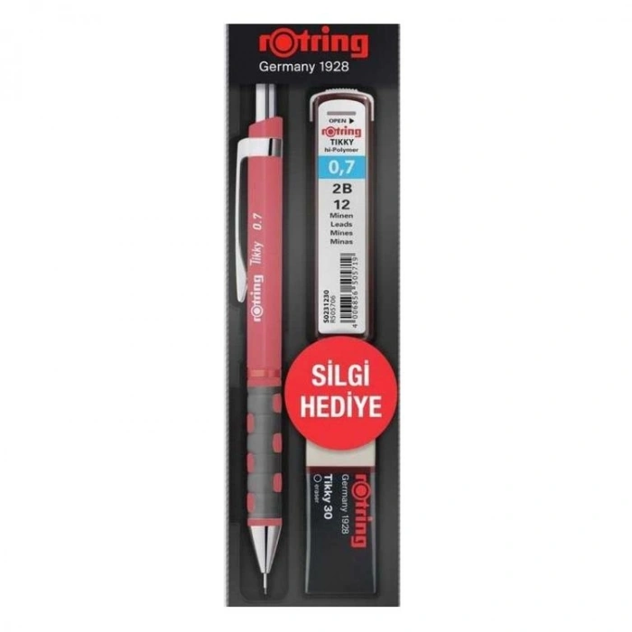 ROTRING TIKKY VERSATİL + MİN + SİLGİ 3LÜ OKUL SETİ - 0.7 mm  KIRMIZI